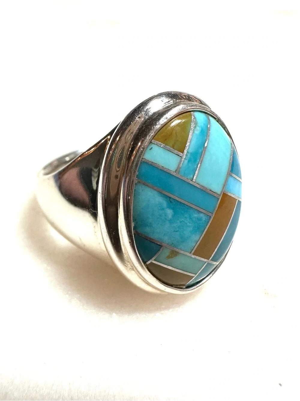Carolyn Pollack Geometric Blue Turquoise & Jasper Inlay Sterling Silver Ring